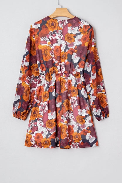 Floral Wrap V-Neck Puff Sleeve Mini Dress