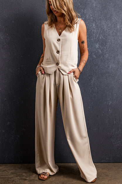 Pleated Wide Leg Pocketed Pants