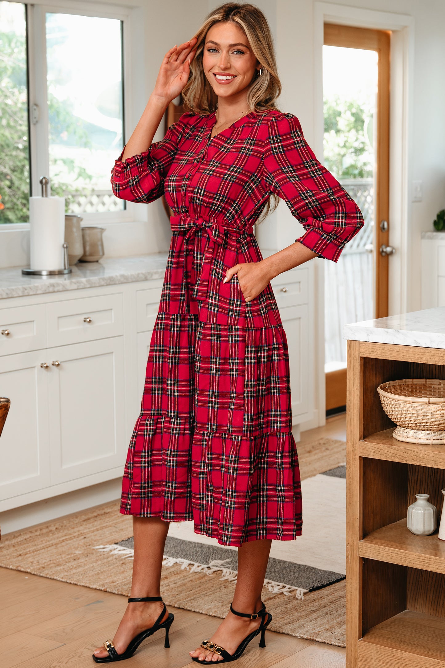 Plaid V-Neck Tie Waist Ruffle Hem Dress