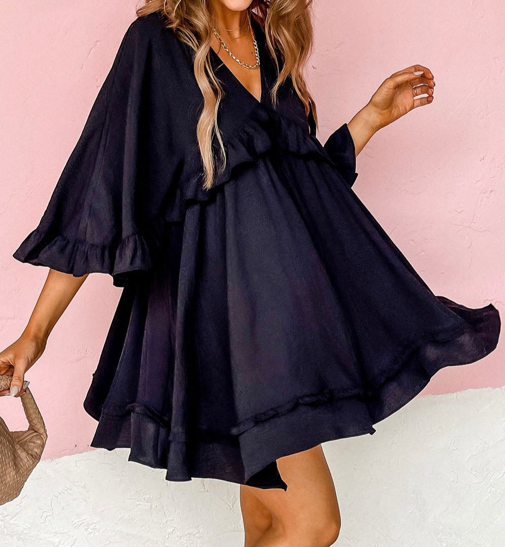 Ruffled V Neck Babydoll Dress