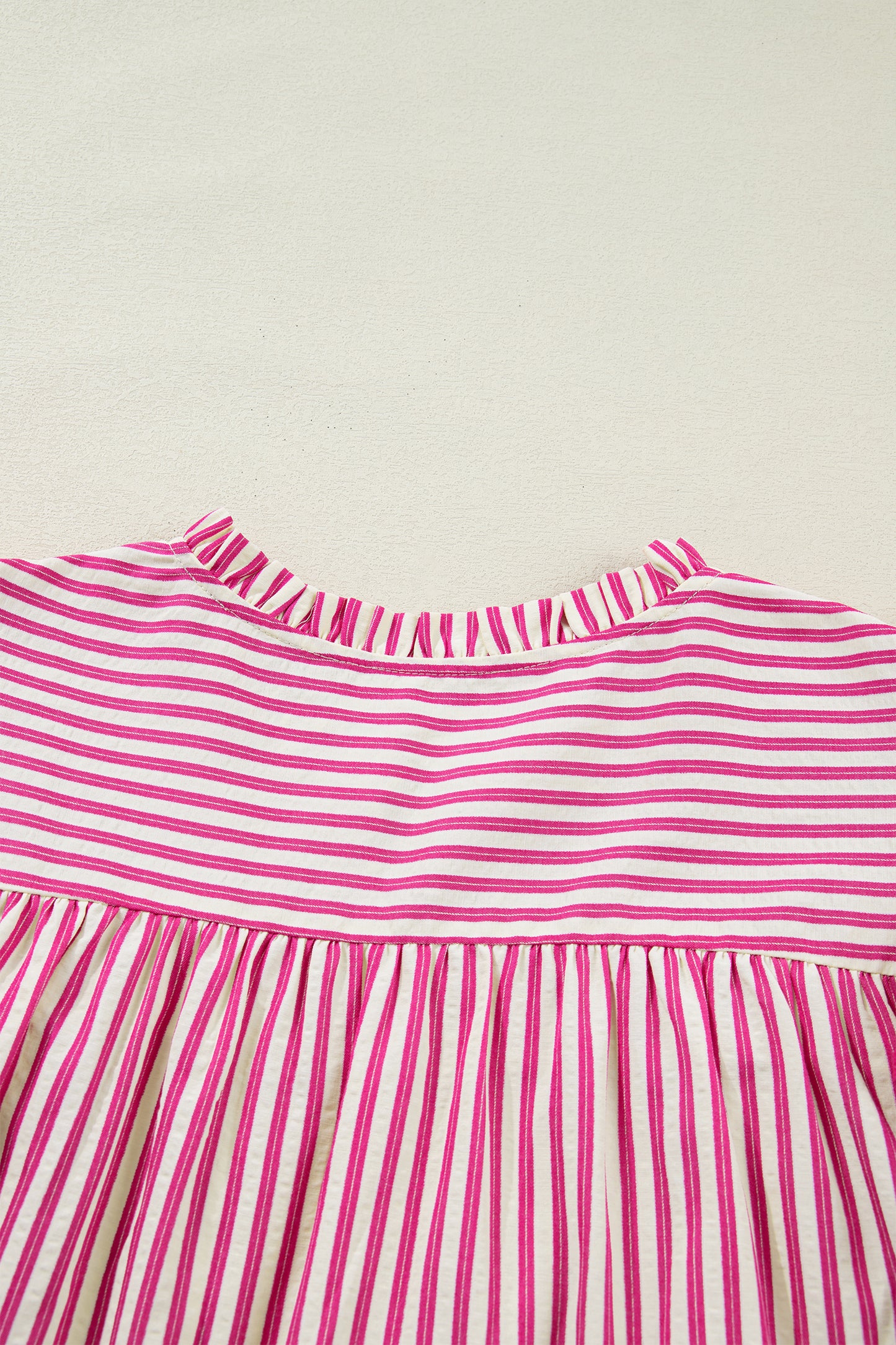 Stripe Smocked Yoke Short Sleeve Ruffle Blouse