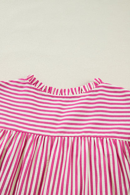 Stripe Smocked Yoke Short Sleeve Ruffle Blouse
