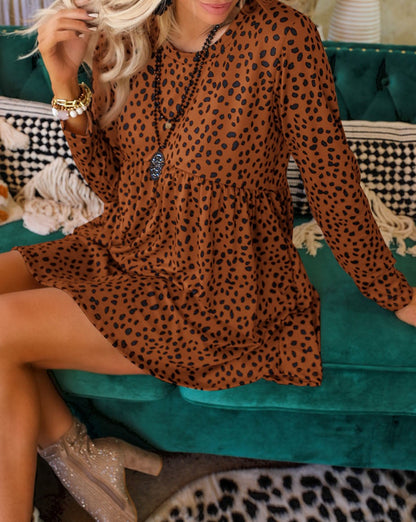 Leopard Long Sleeve Babydoll Dress