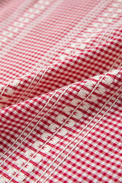 Western Pony Embroidered Gingham Puff Sleeve Blouse