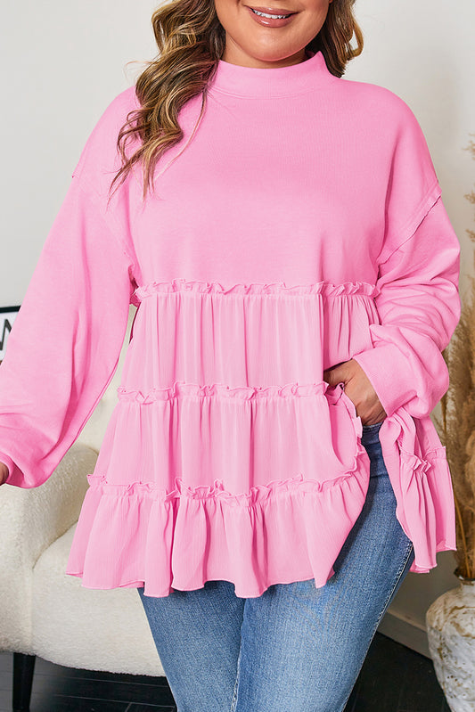 Plus Size Solid Ruffle Tiered Ribbed Crewneck Top