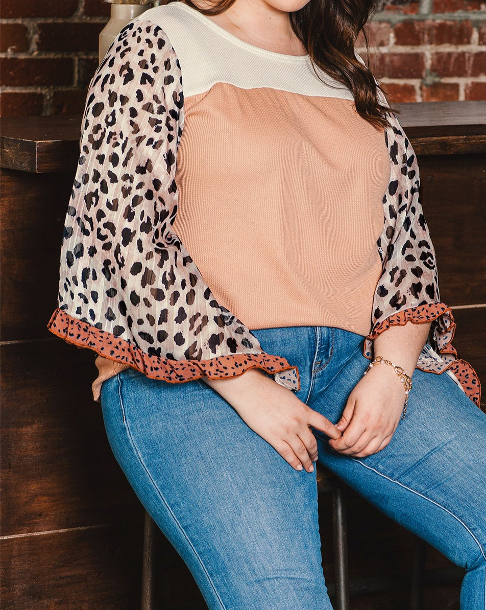 Colorblock Ruffle Leopard Sleeve Top Plus Size