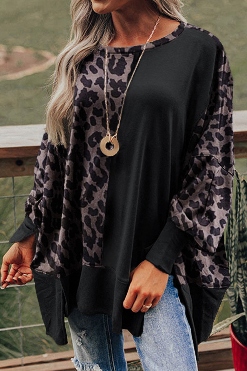 Leopard Colorblock Bishop Sleeve Sweatshirt