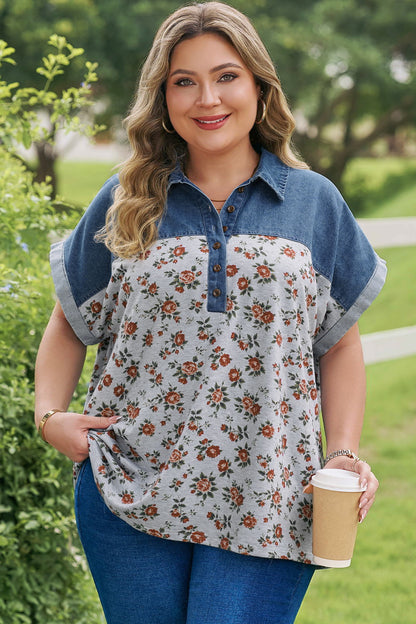 Plus Size Floral Denim Patchwork Polo Tee