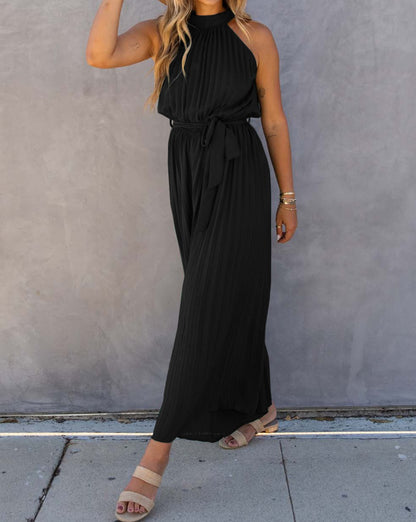 Pleated Halter Wide Leg Jumpsuit