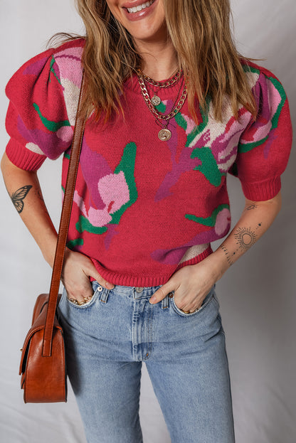 Floral Abstract Short Puff Sleeve Sweater
