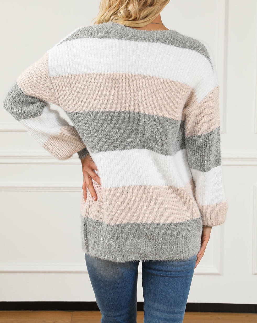 Colorblock Stripe Fuzzy Buttoned Cardigan