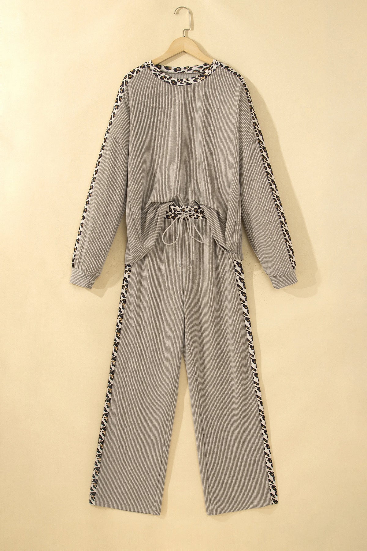 Leopard/Polka Dot Trim Long Sleeve Top & Pants Set