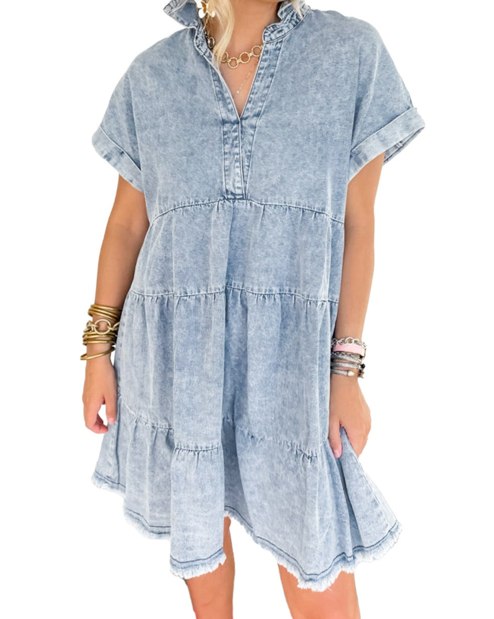 Denim Acid Washed Tiered Dress