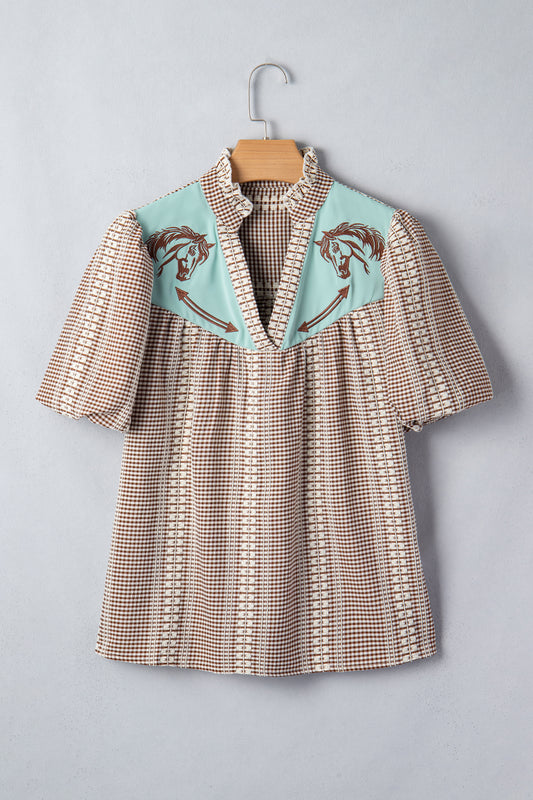 Western Pony Embroidered Gingham Puff Sleeve Blouse