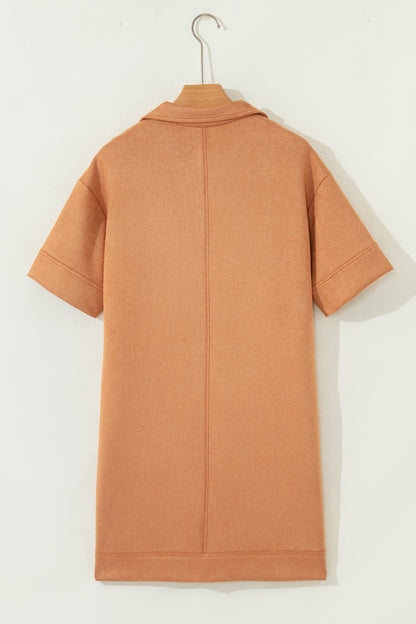 Faux Suede Collared V-Neck Short Sleeve Dress