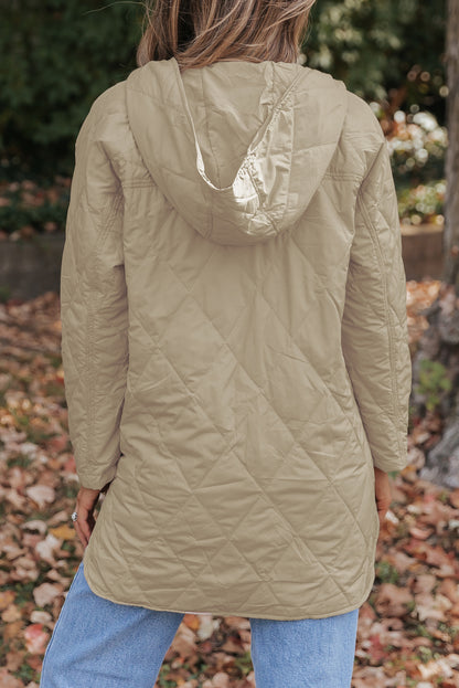 Solid Quilted Snap Button Hooded Puffer Coat