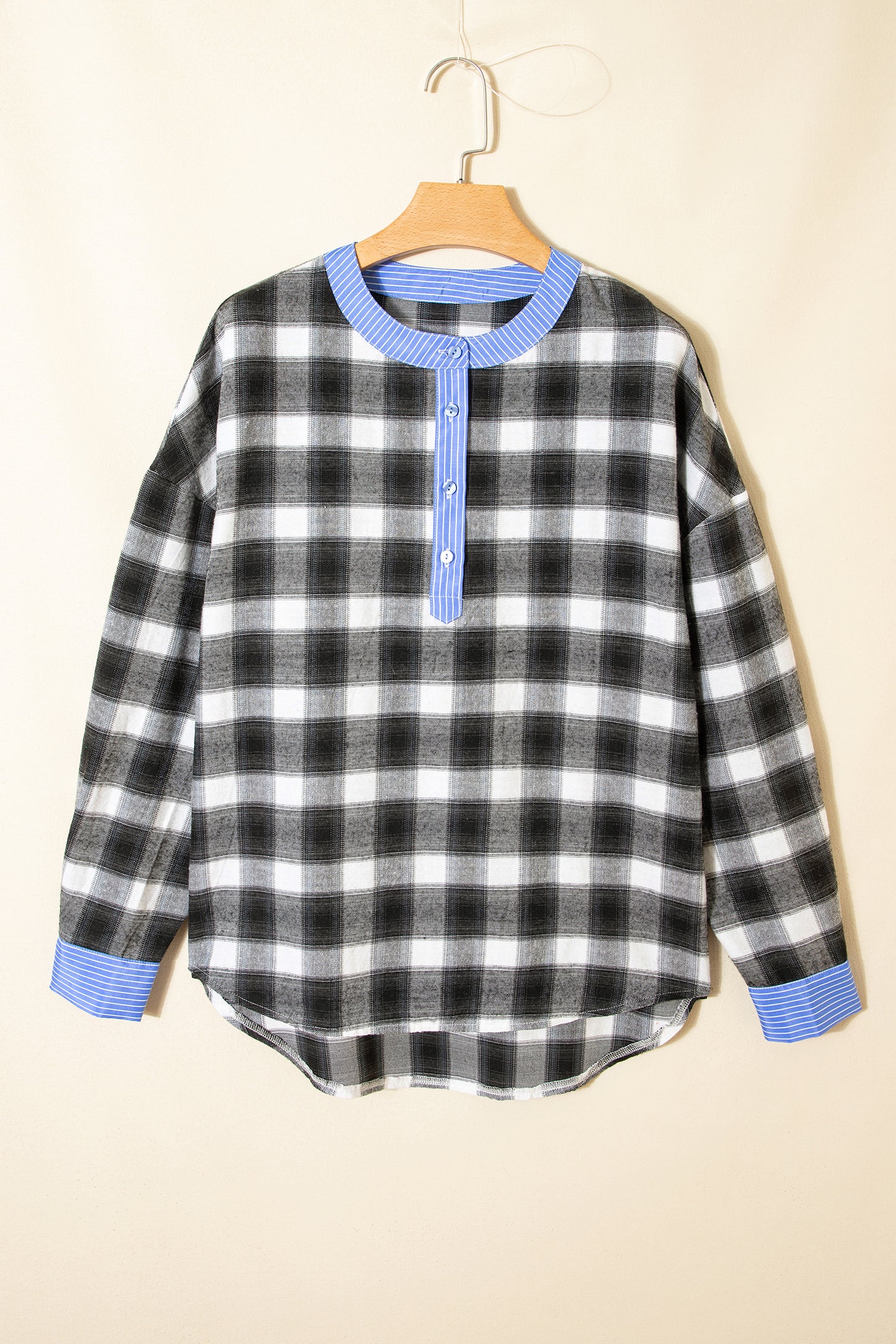 Plaid Contrast Stripe Edge Half-Placket Blouse