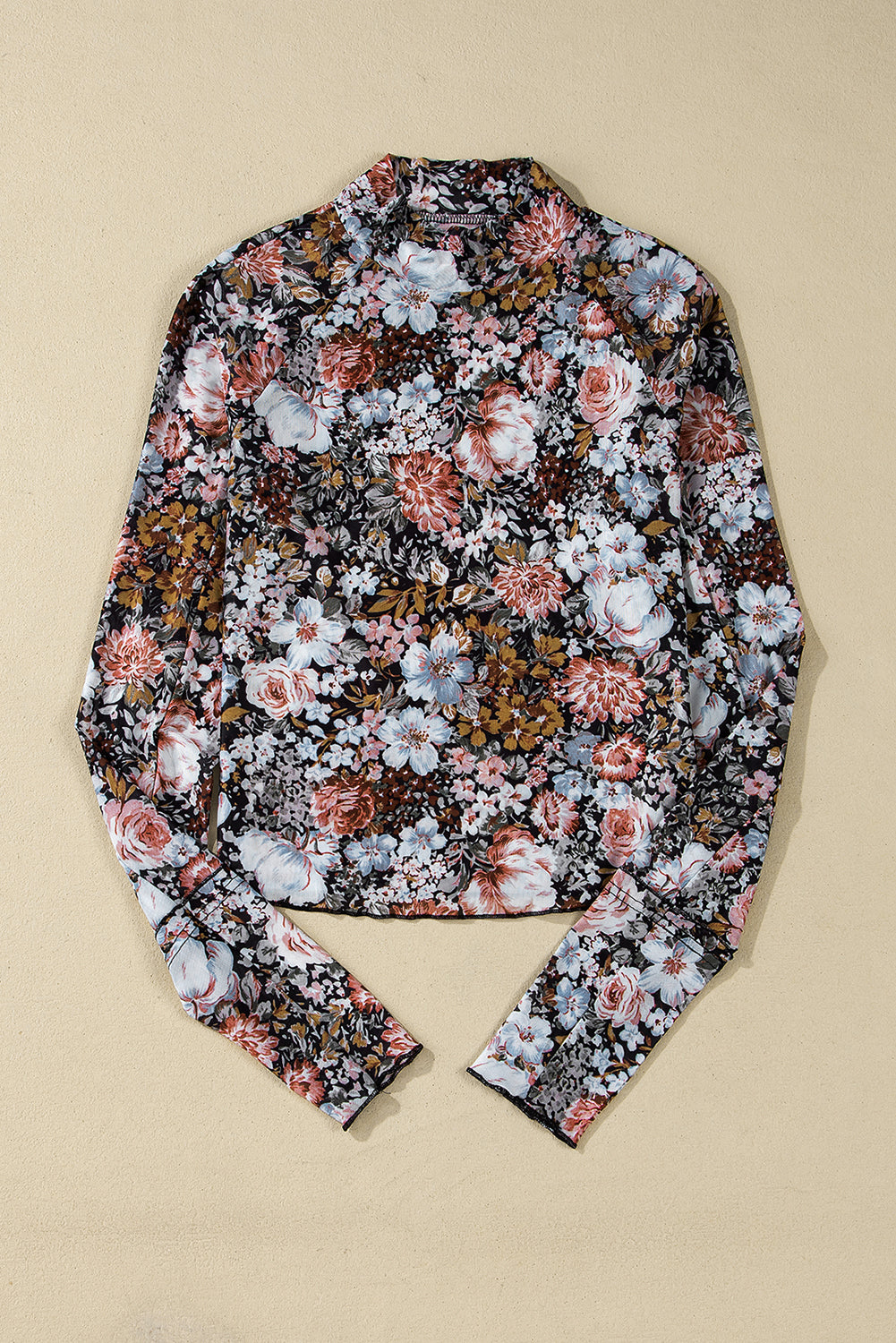 Floral Mesh High Neck Long Sleeve Blouse