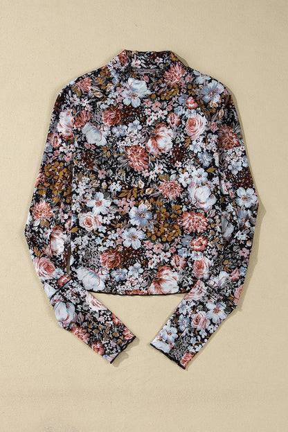 Floral Mesh High Neck Long Sleeve Blouse