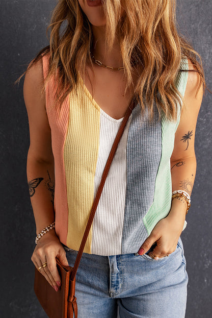 Colorblock Stripe Waffle V-Neck Top