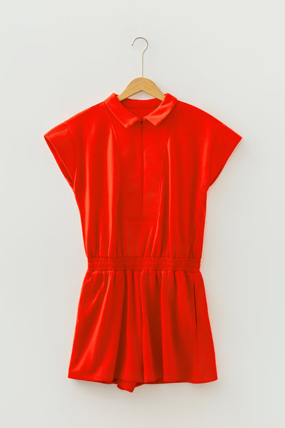 Solid Half Zip Polo Tee Elastic Waist Romper