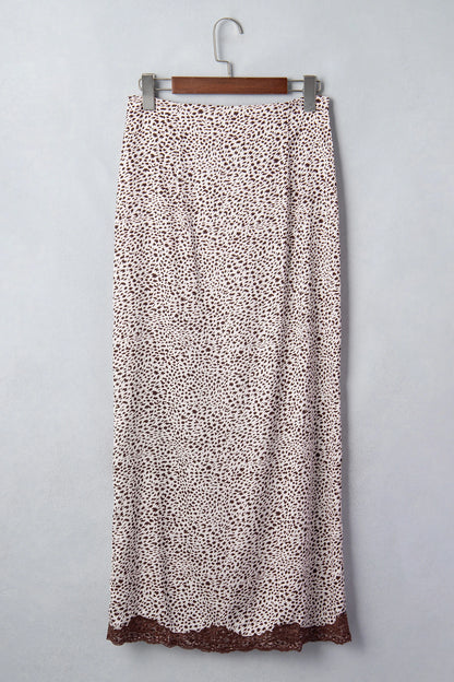 Western Cheetah Lace Trim Split Maxi Skirt