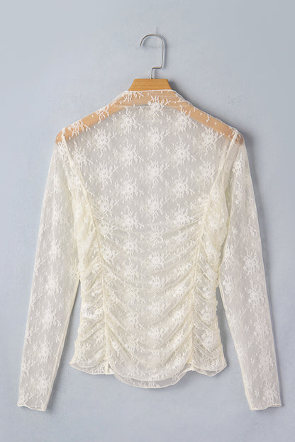Floral Mesh Ruched Long Sleeve Sheer Top