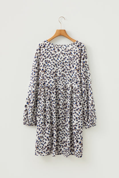 Leopard Buttoned V-Neck Long Sleeve Mini Dress