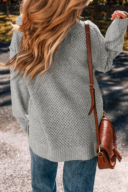 Eyelet V-Neck Drop Shoulder Sweater