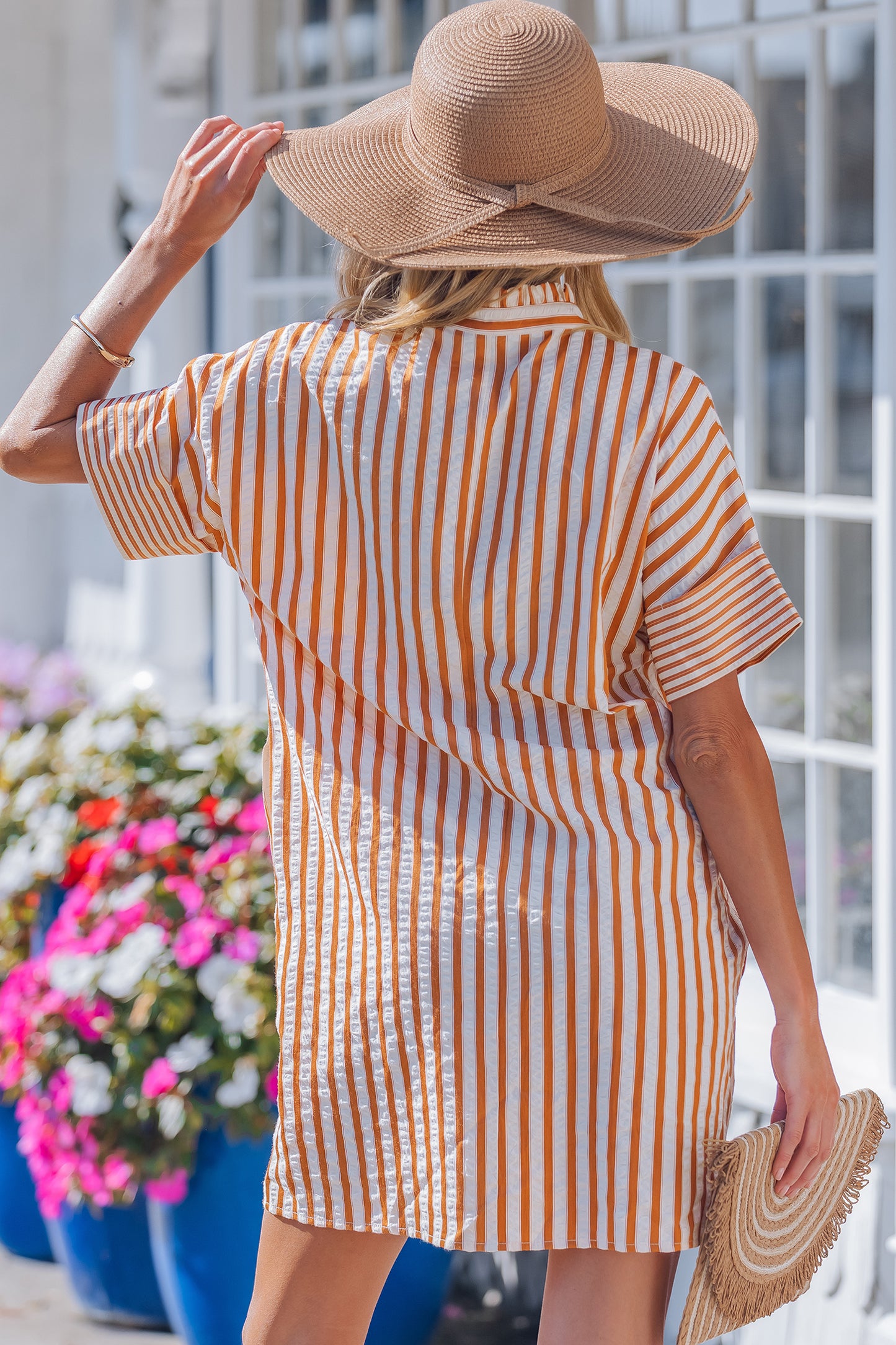 Stripe Pleated Frilled V-Neck Mini Dress