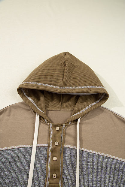 Waffle Knit Patchwork Buttoned Hooded Sweatshirt