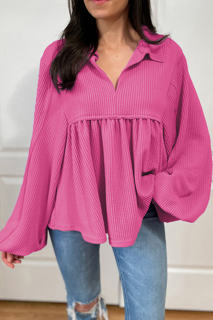 Corded V-Neck Bubble Sleeve Blouse