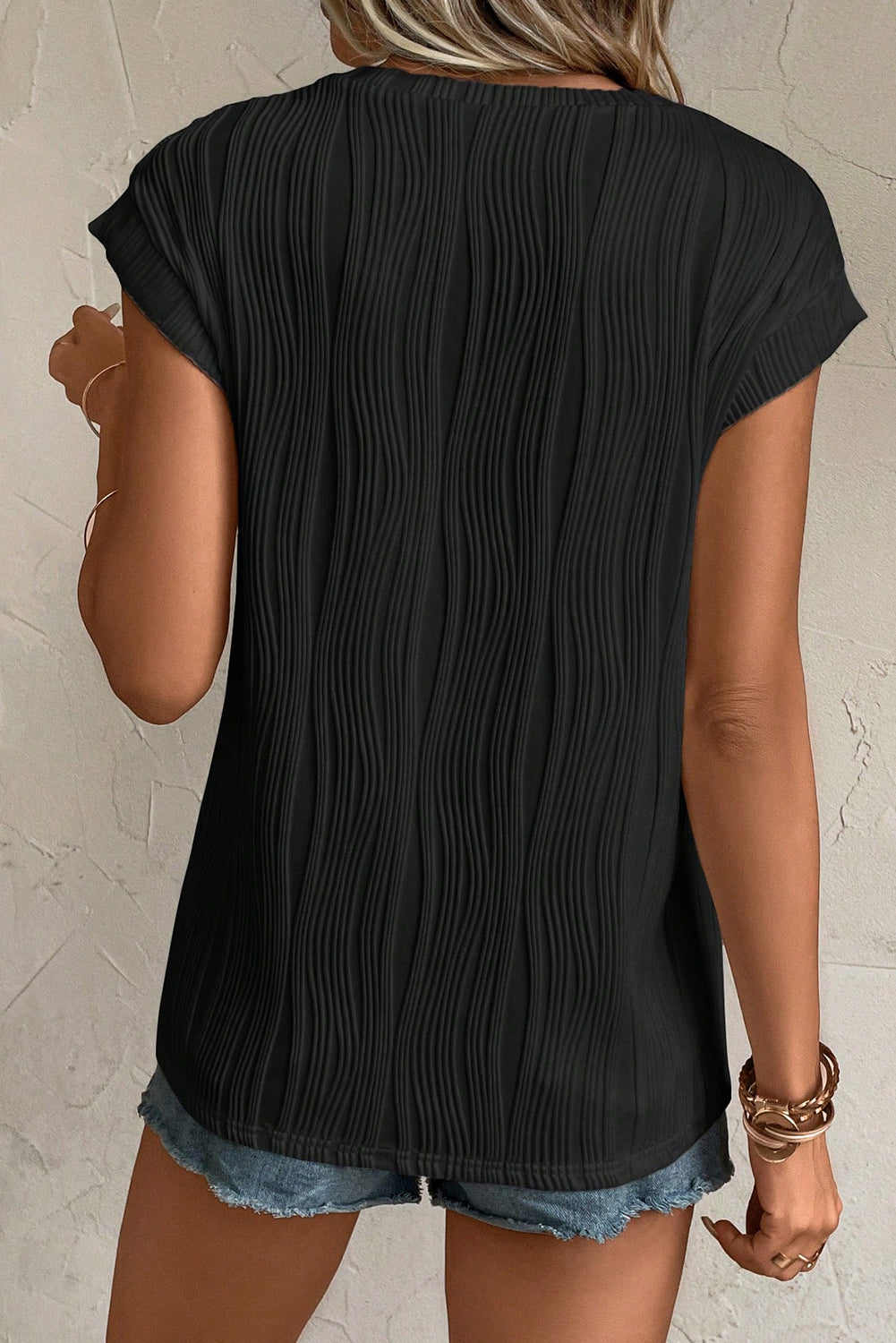 Wavy Texture Cap Sleeve Top