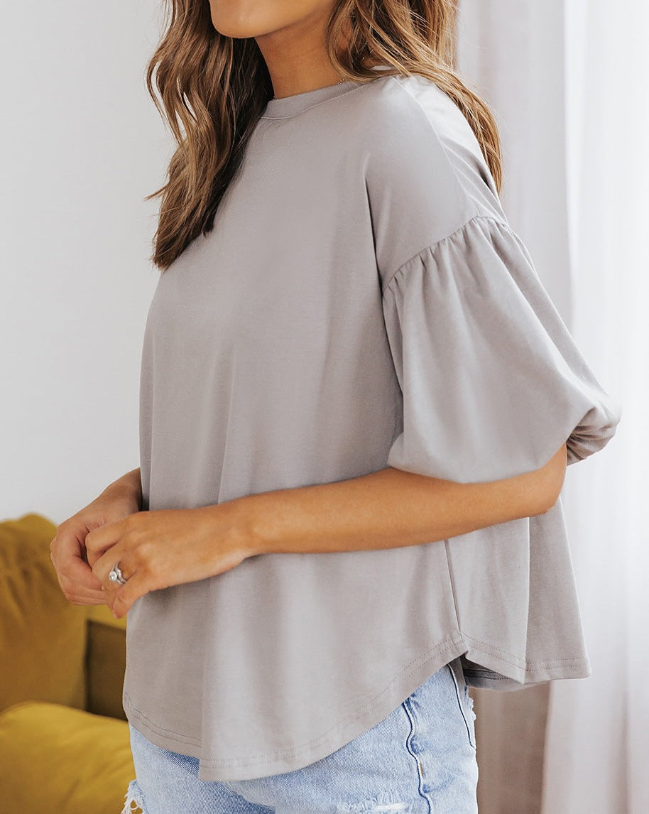 Bubble Sleeve Round Neck Blouse