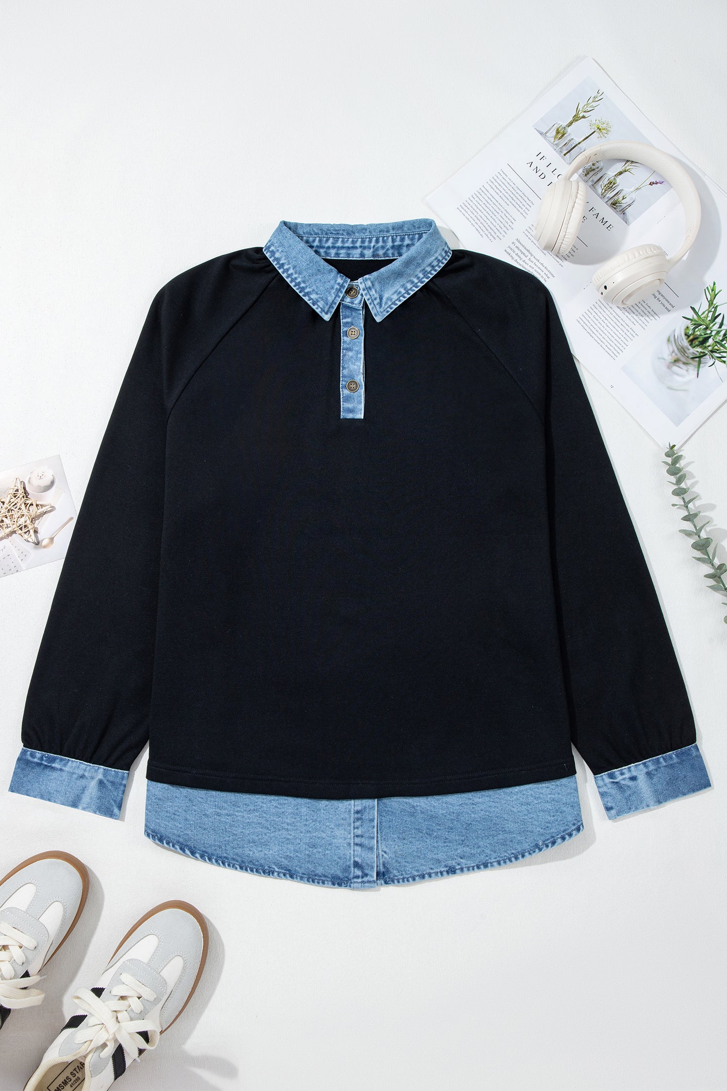 Plus Size Denim Patchwork Collared Long Sleeve Blouse