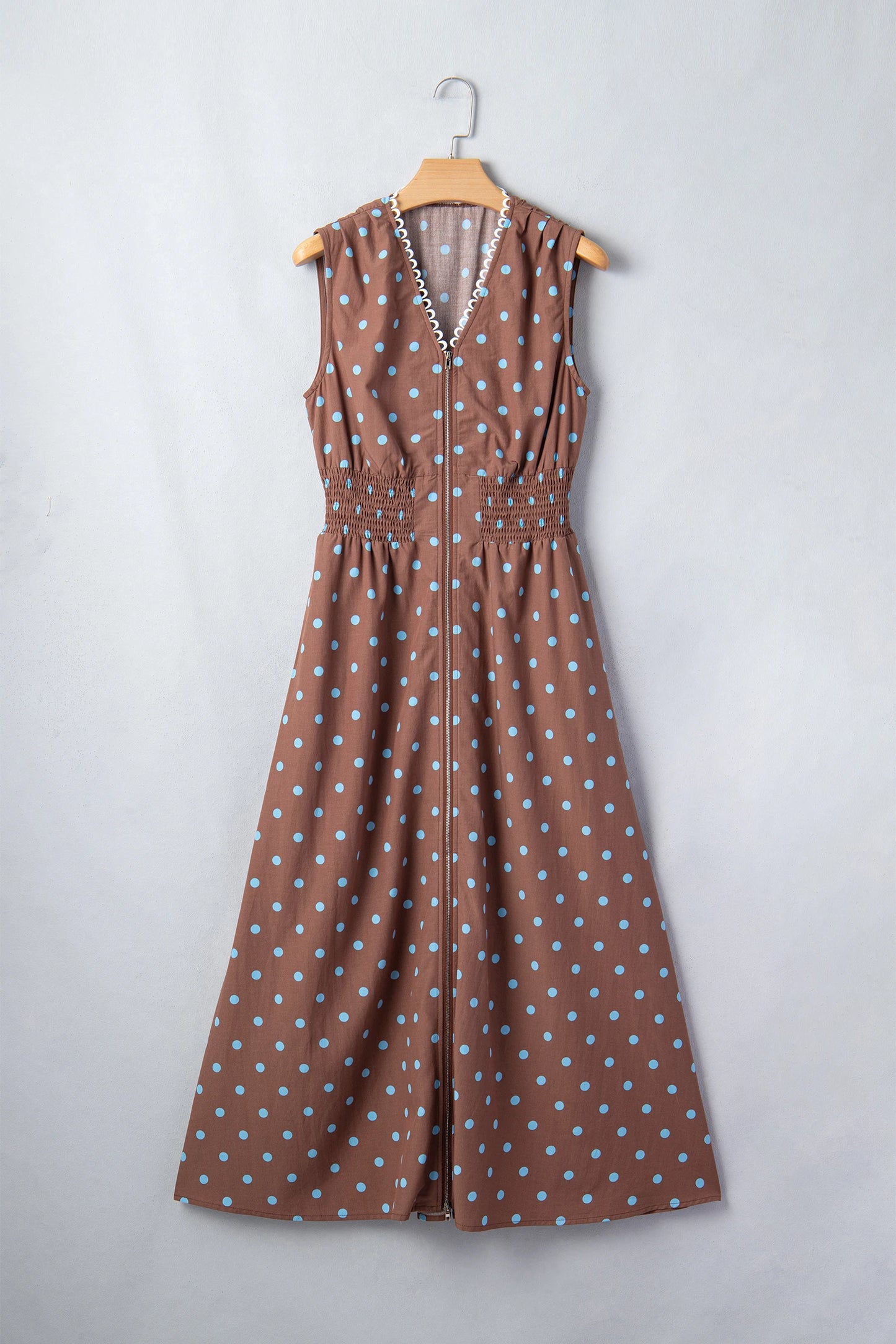 Polka Dot Zip Up V-Neck Sleeveless Dress