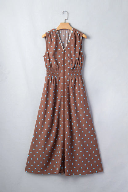 Polka Dot Zip Up V-Neck Sleeveless Dress
