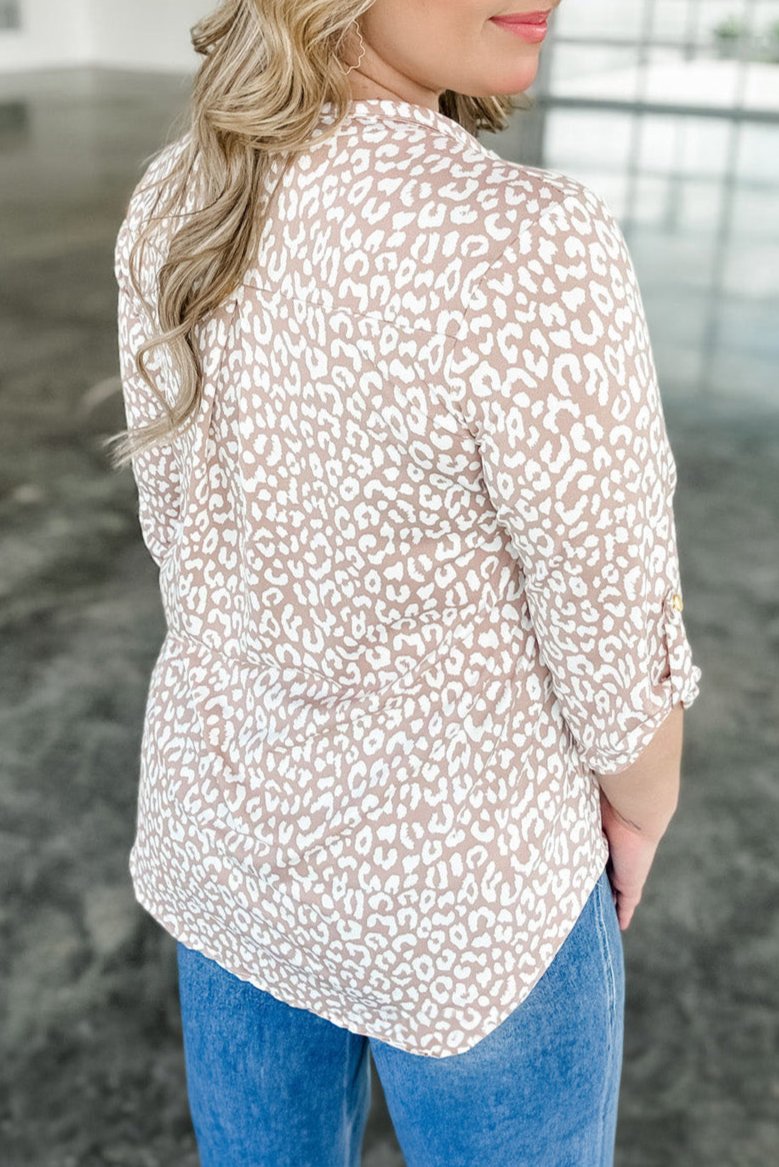 Leopard Tab Sleeve V-Neck Top Plus Size