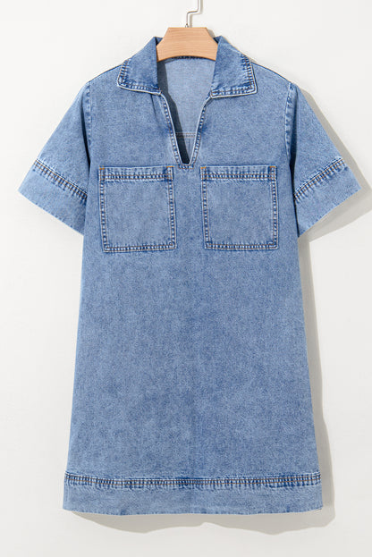 Solid Denim Collared Patch Pocket Mini Dress