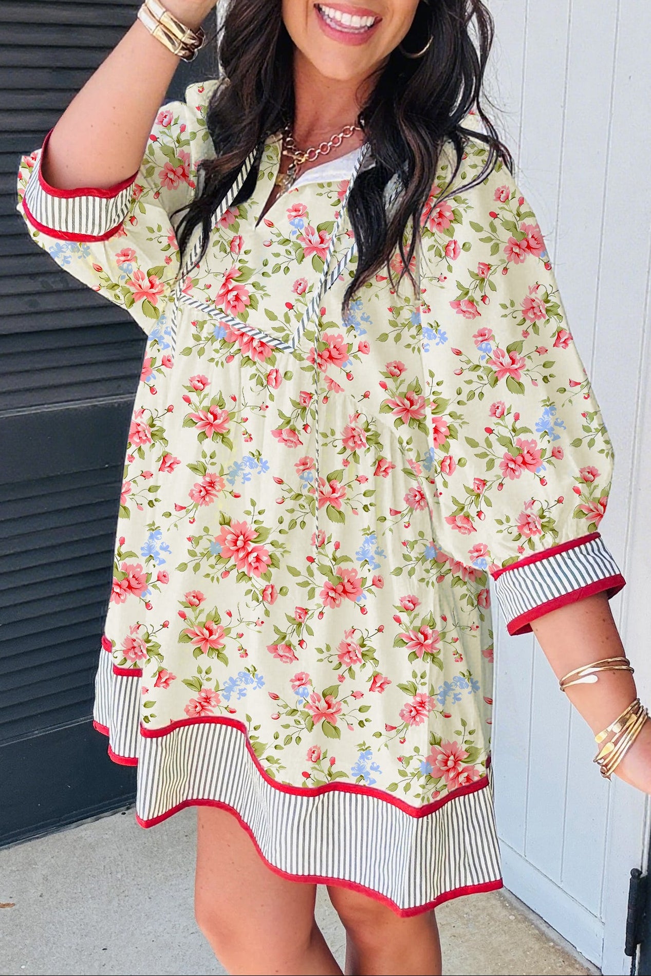 Floral Stripe Trim 3/4 Puff Sleeve Dress