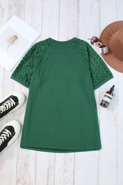 Lace Raglan Sleeve Pleated Tee