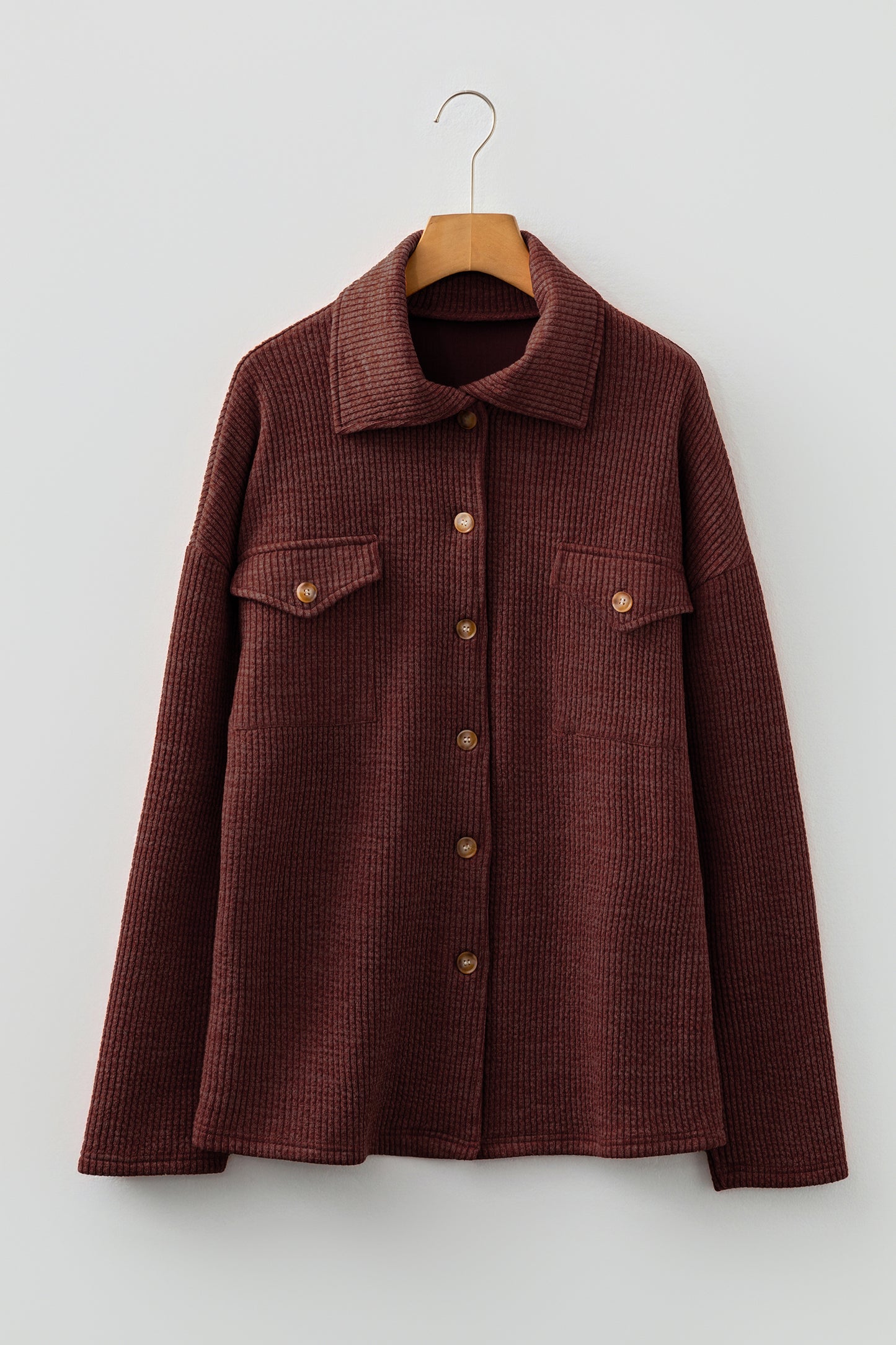 Ribbed Knit Flap Pocket Button-Up Shacket