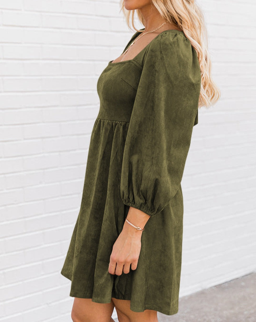 Suede Shirred Puff Sleeve Dress