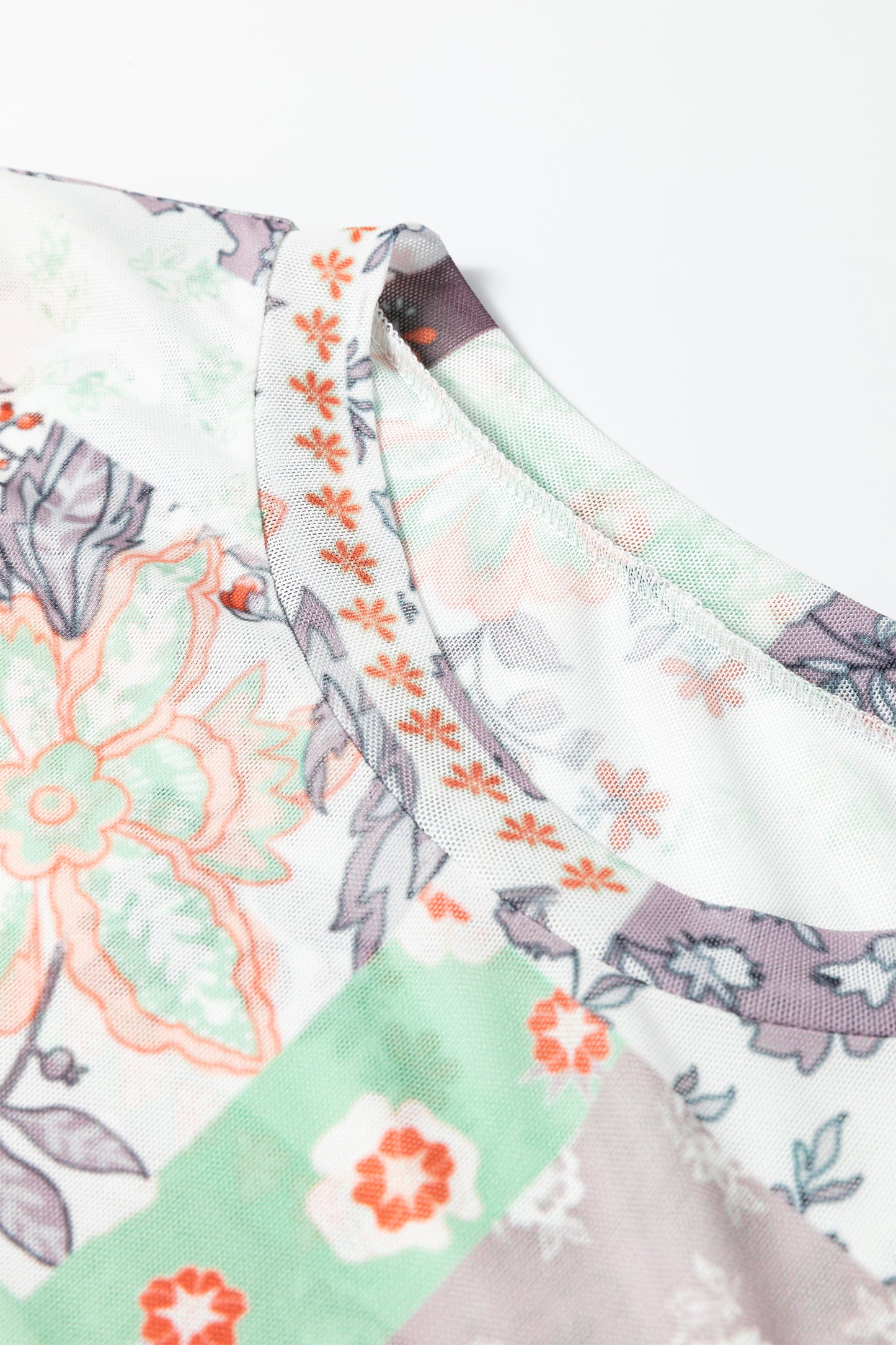 Floral Patchwork Mesh Mock Neck Long Sleeve Top