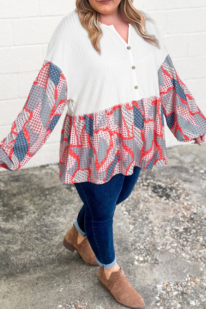 Plus Size Abstract Patchwork Buttoned Blouse