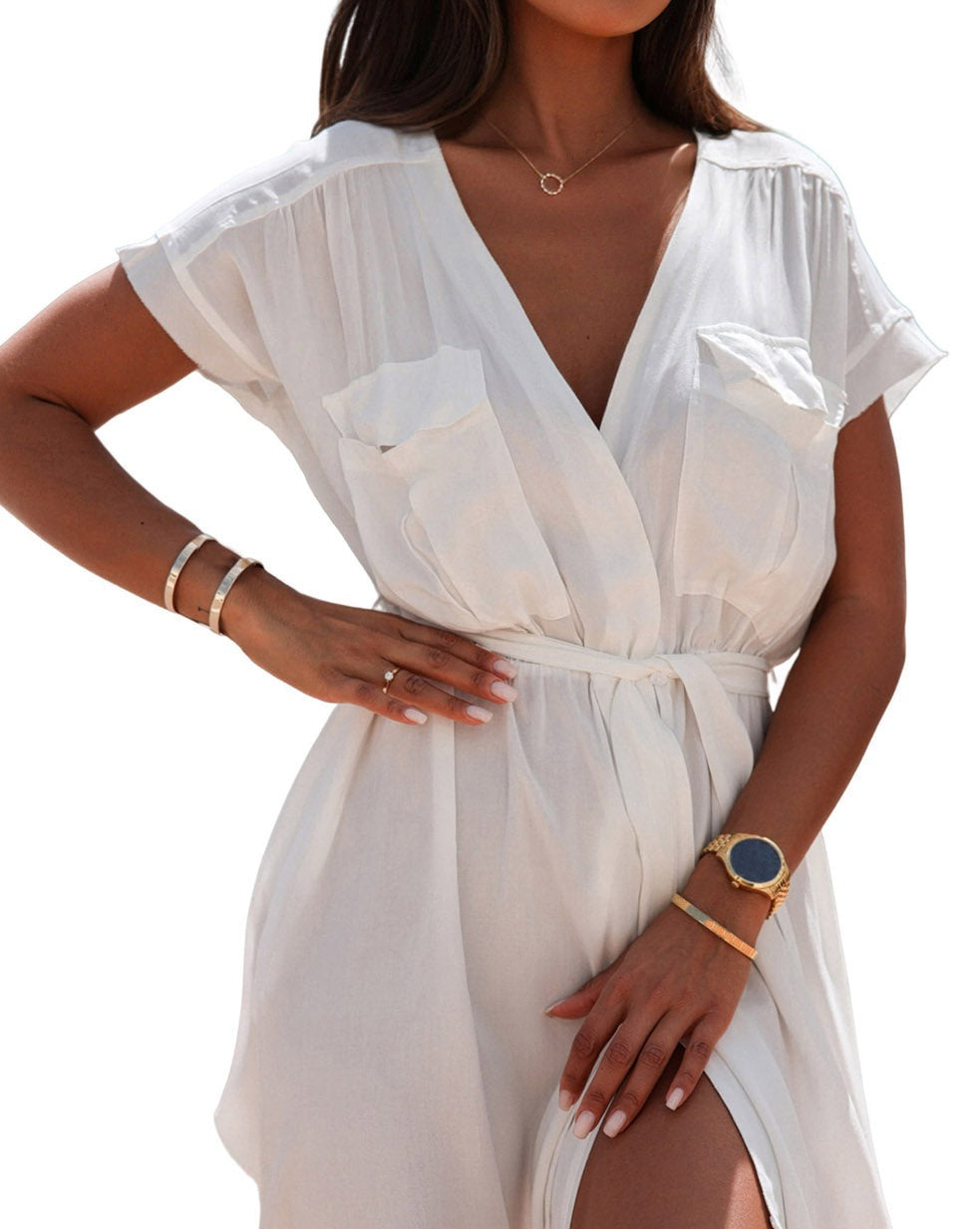 Flap Pockets Belted Beach Cover-Up