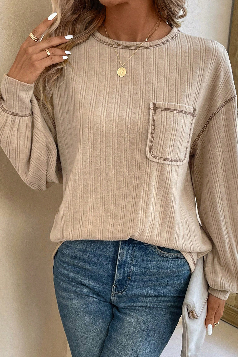 Ribbed Pocketed Long Sleeve Top