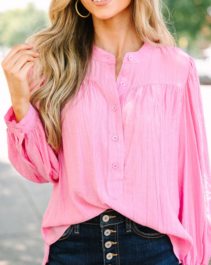 Pleated Puff Sleeve Buttoned Blouse