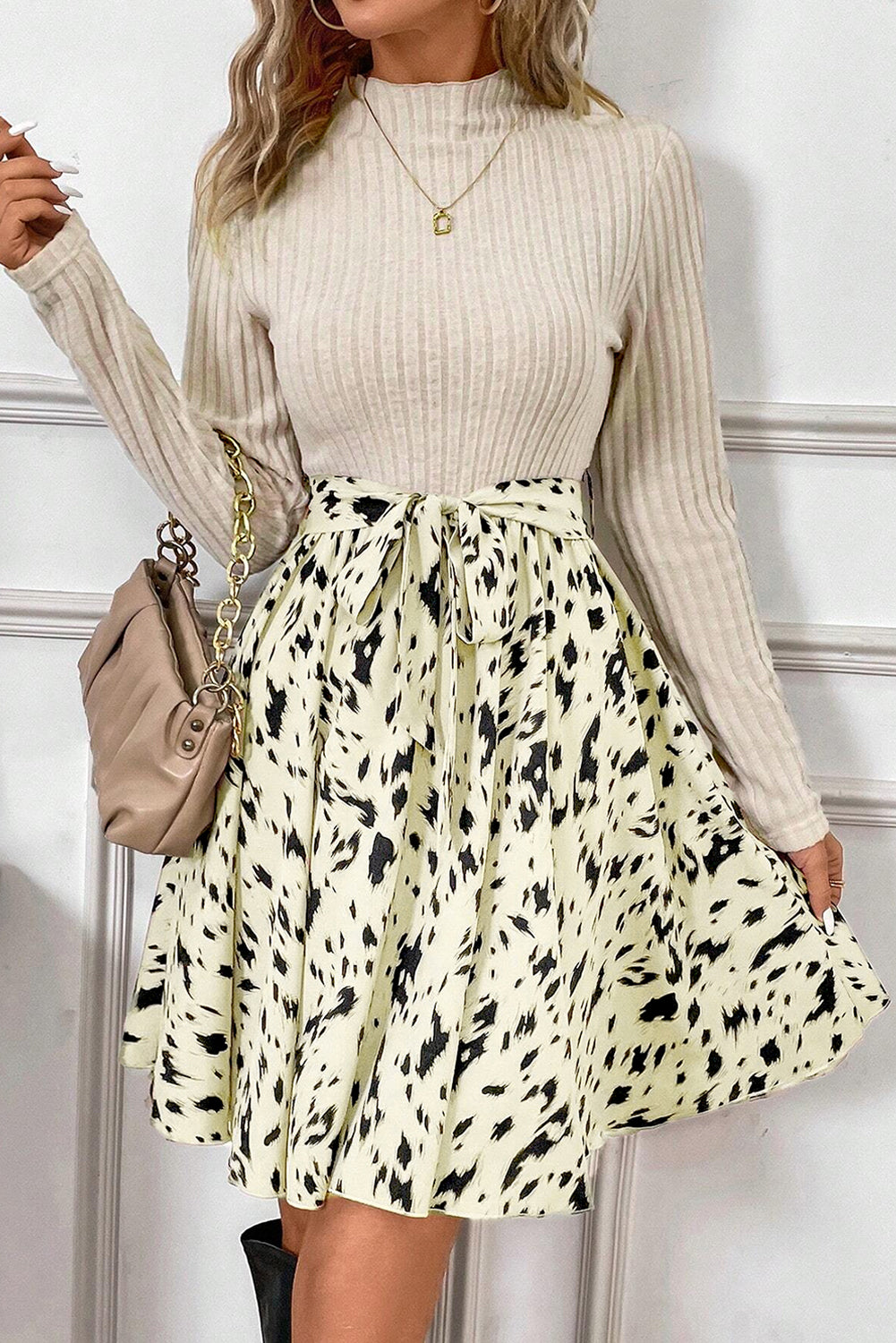 Leopard Patchwork Ribbed Belted Dress