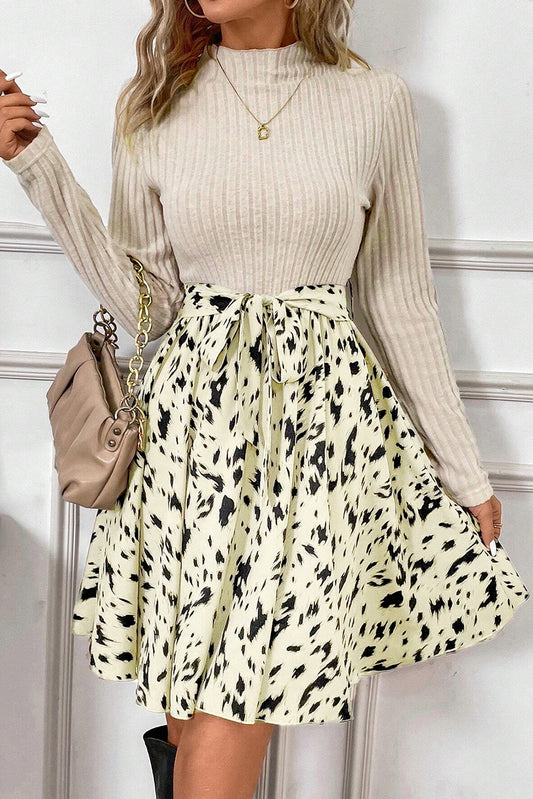 Leopard Patchwork Ribbed Belted Dress